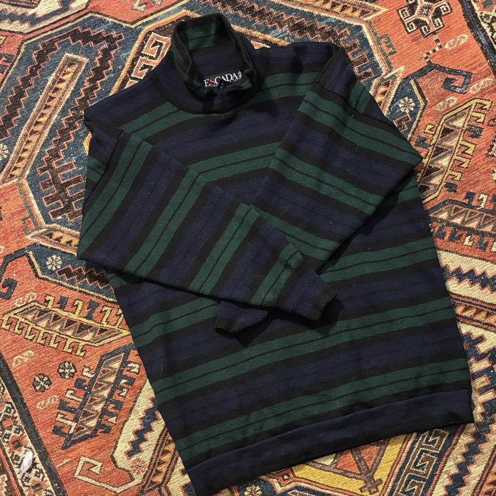 Escada Striped Turtleneck Sweater in Green and Navy